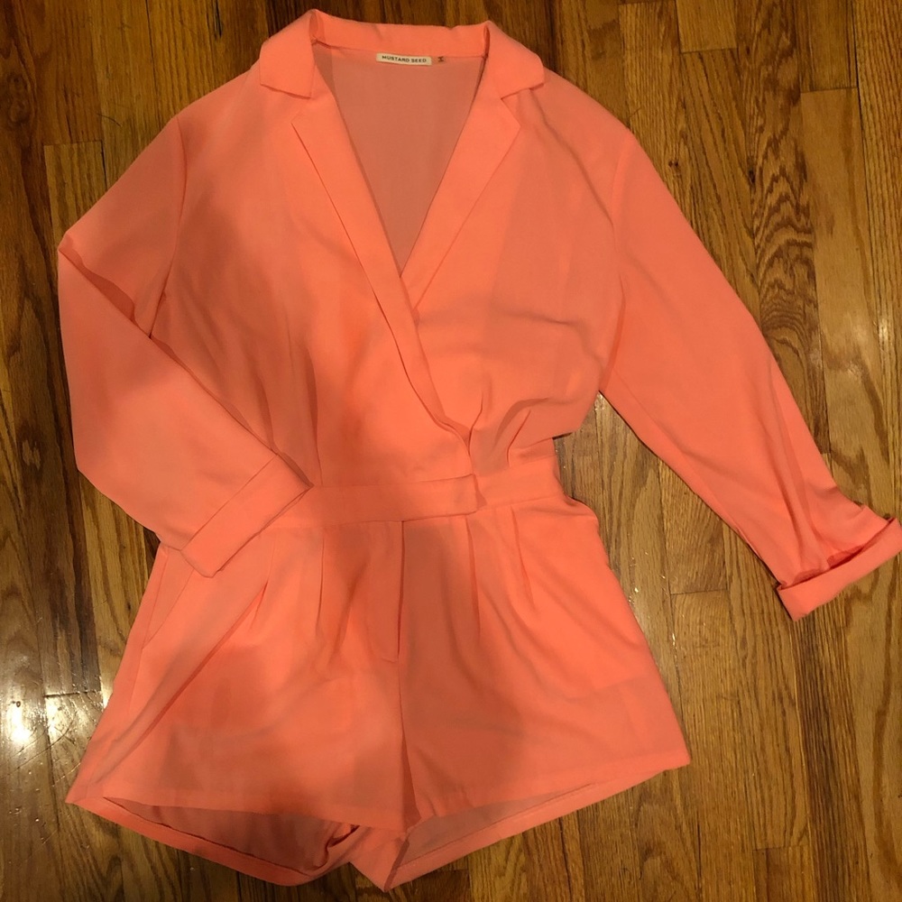 Structured Coral Long-sleeved Romper